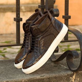 Ambrogio 4036 Men's Shoes Brown Ostrich / Calf-Skin Leather High Top Sneakers (AMB1111)-AmbrogioShoes