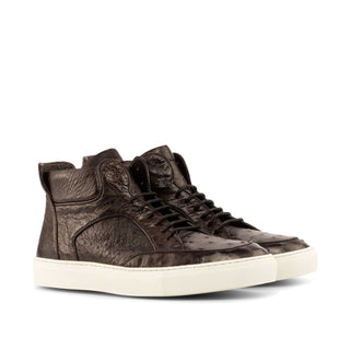 Ambrogio 4036 Men's Shoes Brown Ostrich / Calf-Skin Leather High Top Sneakers (AMB1111)-AmbrogioShoes