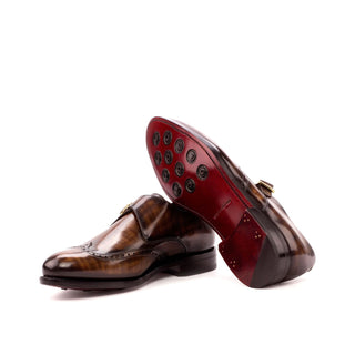 Ambrogio Men's Handmade Custom Made Shoes Brown Patina Leather Monk-Straps Loafers (AMB1057)-AmbrogioShoes