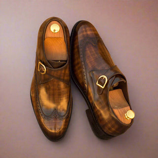 Ambrogio Men's Handmade Custom Made Shoes Brown Patina Leather Monk-Straps Loafers (AMB1057)-AmbrogioShoes