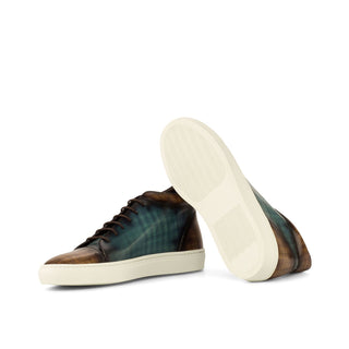 Ambrogio 3882 Men's Shoes Brown & Turquoise Patina Leather High-Top Sneakers (AMB1141)-AmbrogioShoes