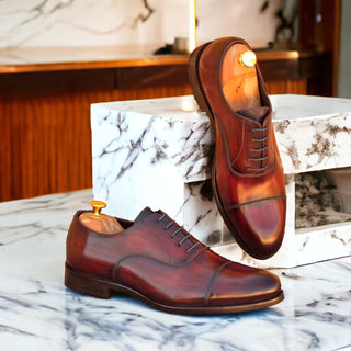 Ambrogio Men's Handmade Custom Made Shoes Burgundy Patina Leather Oxfords (AMB1054)