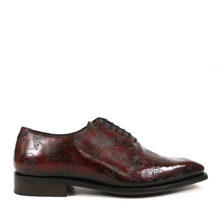 Ambrogio Men's Handmade Custom Made Shoes Burgundy Skull Texture Print / Patina Leather Wholecut Plain Oxfords (AMB1631)-AmbrogioShoes