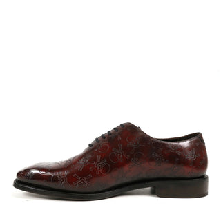 Ambrogio Men's Handmade Custom Made Shoes Burgundy Skull Texture Print / Patina Leather Wholecut Plain Oxfords (AMB1631)-AmbrogioShoes