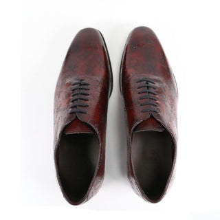 Ambrogio Men's Handmade Custom Made Shoes Burgundy Skull Texture Print / Patina Leather Wholecut Plain Oxfords (AMB1631)-AmbrogioShoes