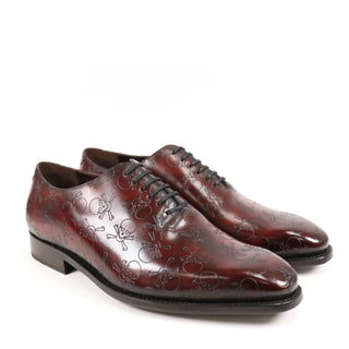 Ambrogio Men's Handmade Custom Made Shoes Burgundy Skull Texture Print / Patina Leather Wholecut Plain Oxfords (AMB1631)-AmbrogioShoes