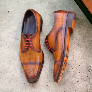 Ambrogio Men's Handmade Custom Made Shoes Cognac & Brown Patina Leather Derby Oxfords (AMB1186)