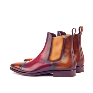 Ambrogio Men's Handmade Custom Made Shoes Cognac & Burgundy Crust Patina Leather Cap-Toe Chelsea Boots (AMB1029)-AmbrogioShoes