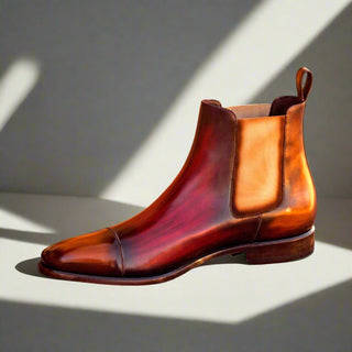 Ambrogio Men's Handmade Custom Made Shoes Cognac & Burgundy Crust Patina Leather Cap-Toe Chelsea Boots (AMB1029)-AmbrogioShoes