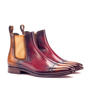 Ambrogio Men's Handmade Custom Made Shoes Cognac & Burgundy Crust Patina Leather Cap-Toe Chelsea Boots (AMB1029)-AmbrogioShoes