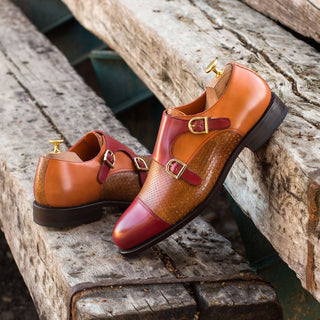 Ambrogio Men's Handmade Custom Made Shoes Cognac & Red Exotic Snake-Skin / Polished Leather Monk-Straps Loafers (AMB1110)-AmbrogioShoes