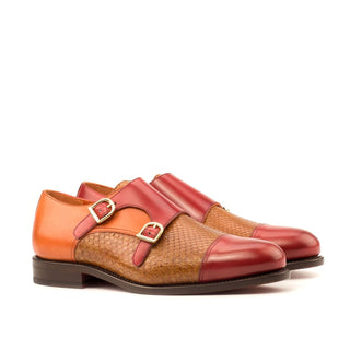 Ambrogio 3893 Men's Shoes Cognac & Red Exotic Snake-Skin / Polished Leather Monk-Straps Loafers (AMB1110)-AmbrogioShoes