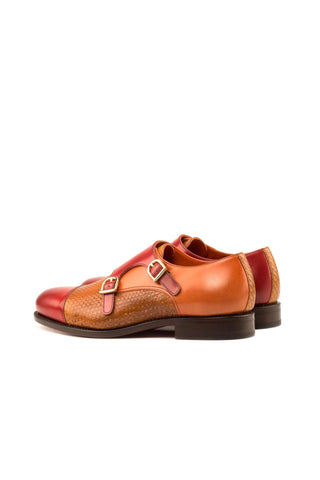 Ambrogio Men's Handmade Custom Made Shoes Cognac & Red Snake-Skin / Polished Leather Monk-Straps Loafers (AMB1110)