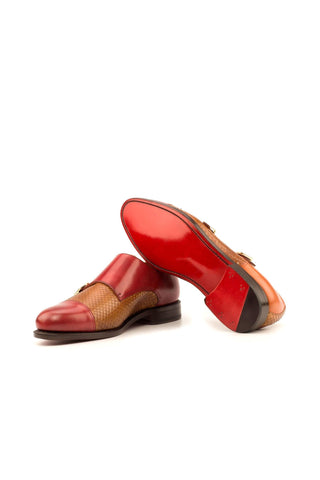 Ambrogio Men's Handmade Custom Made Shoes Cognac & Red Snake-Skin / Polished Leather Monk-Straps Loafers (AMB1110)