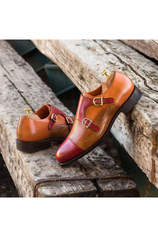 Ambrogio Men's Handmade Custom Made Shoes Cognac & Red Snake-Skin / Polished Leather Monk-Straps Loafers (AMB1110)