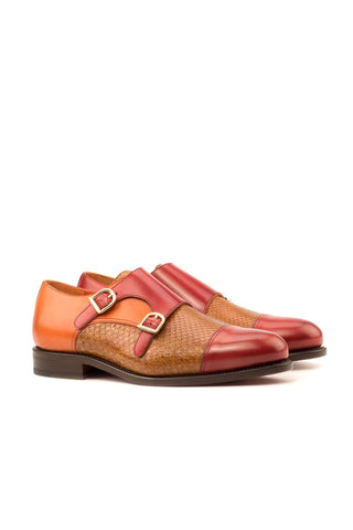 Ambrogio Men's Handmade Custom Made Shoes Cognac & Red Snake-Skin / Polished Leather Monk-Straps Loafers (AMB1110)