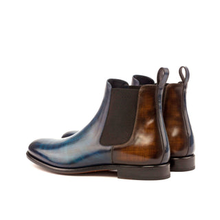 Ambrogio Men's Handmade Custom Made Shoes Denim Blue & Brown Crust Patina Leather Chelsea Boots (AMB1025)-AmbrogioShoes