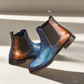 Ambrogio Men's Handmade Custom Made Shoes Denim Blue & Brown Crust Patina Leather Chelsea Boots (AMB1025)-AmbrogioShoes