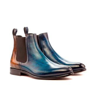 Ambrogio Men's Handmade Custom Made Shoes Denim Blue & Brown Crust Patina Leather Chelsea Boots (AMB1025)-AmbrogioShoes