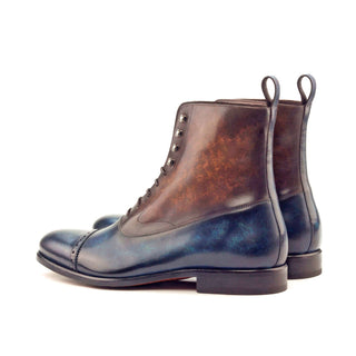 Ambrogio 2975 Men's Shoes Denim Blue & Brown Patina Leather Balmoral Boots(AMB1200)-AmbrogioShoes