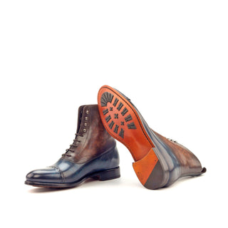 Ambrogio 2975 Men's Shoes Denim Blue & Brown Patina Leather Balmoral Boots(AMB1200)-AmbrogioShoes
