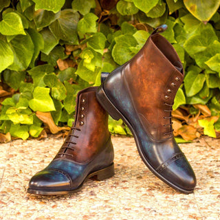 Ambrogio 2975 Men's Shoes Denim Blue & Brown Patina Leather Balmoral Boots(AMB1200)-AmbrogioShoes
