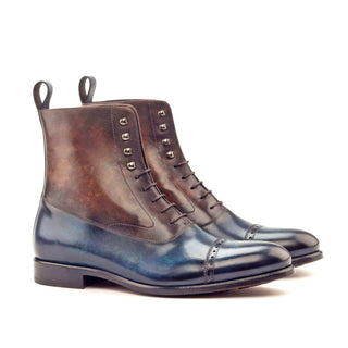 Ambrogio 2975 Men's Shoes Denim Blue & Brown Patina Leather Balmoral Boots(AMB1200)-AmbrogioShoes