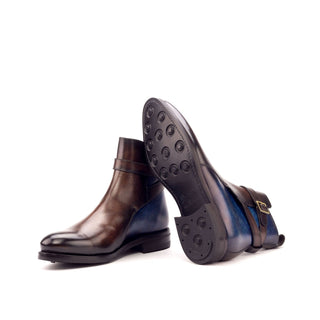 Ambrogio 3338 Men's Shoes Denim Blue & Brown Patina Leather Jodhpur Boots (AMB1170)-AmbrogioShoes