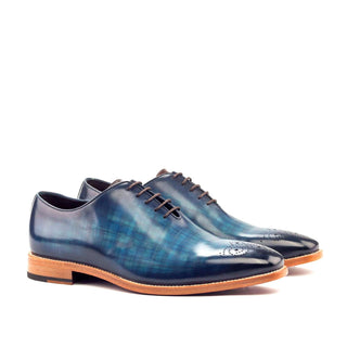 Ambrogio 2663 Men's Shoes Denim Blue & Brown Patina Leather Whole-Cut Oxfords (AMB1208)-AmbrogioShoes