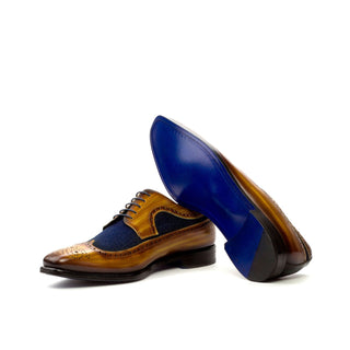 Ambrogio 3614 Men's Shoes Denim Blue & Cognac Jean Satorial / Patina Leather Longwing Blucher Oxfords (AMB1203)-AmbrogioShoes