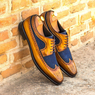 Ambrogio 3614 Men's Shoes Denim Blue & Cognac Jean Satorial / Patina Leather Longwing Blucher Oxfords (AMB1203)-AmbrogioShoes