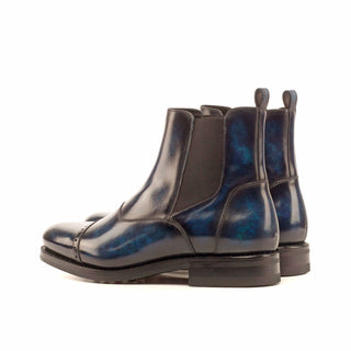 Ambrogio Men's Handmade Custom Made Shoes Denim Blue Crust Patina Leather Cap-Toe Chelsea Boots (AMB1033)-AmbrogioShoes