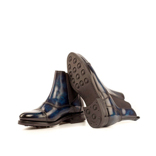 Ambrogio Men's Handmade Custom Made Shoes Denim Blue Crust Patina Leather Cap-Toe Chelsea Boots (AMB1033)-AmbrogioShoes