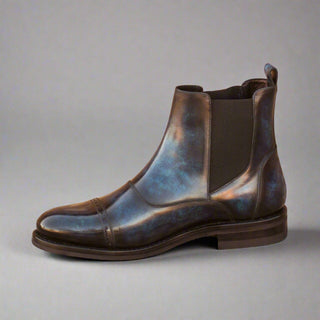 Ambrogio Men's Handmade Custom Made Shoes Denim Blue Crust Patina Leather Cap-Toe Chelsea Boots (AMB1033)-AmbrogioShoes