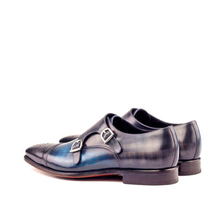 Ambrogio 2653 Men's Shoes Denim Blue & Gray Patina Leather Monk-Straps Loafers (AMB1145)-AmbrogioShoes