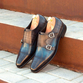 Ambrogio 2653 Men's Shoes Denim Blue & Gray Patina Leather Monk-Straps Loafers (AMB1145)-AmbrogioShoes