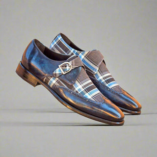 Ambrogio Men's Handmade Custom Made Shoes Denim Blue Texture Print / Patina Leather Monk-Straps Loafers (AMB1065)-AmbrogioShoes