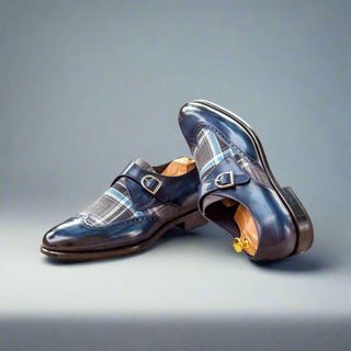 Ambrogio Men's Handmade Custom Made Shoes Denim Plaid Sartorial / Patina Leather Monk-Straps Loafers (AMB1060)-AmbrogioShoes