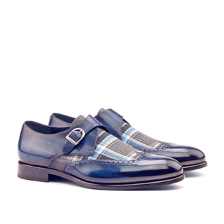 Ambrogio Men's Handmade Custom Made Shoes Denim Plaid Sartorial / Patina Leather Monk-Straps Loafers (AMB1060)-AmbrogioShoes