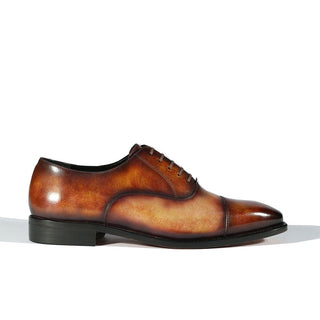 Ambrogio Men's Handmade Custom Made Shoes Fire Orange & Cream Patina Leather Cap-Toe Oxfords (AMB1651)-AmbrogioShoes
