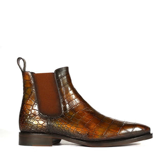 Ambrogio Men's Handmade Custom Made Shoes Forest Green Crocodile Print / Cairo Patina Leather Chelsea Boots (AMB1639)-AmbrogioShoes