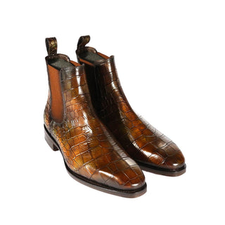 Ambrogio Men's Handmade Custom Made Shoes Forest Green Crocodile Print / Cairo Patina Leather Chelsea Boots (AMB1639)-AmbrogioShoes
