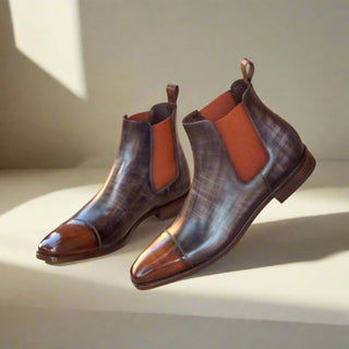 Ambrogio Men's Handmade Custom Made Shoes Gray & Brown Crust Patina Leather Cap-Toe Chelsea Boots (AMB1027)-AmbrogioShoes