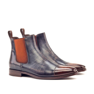 Ambrogio Men's Handmade Custom Made Shoes Gray & Brown Crust Patina Leather Cap-Toe Chelsea Boots (AMB1027)-AmbrogioShoes