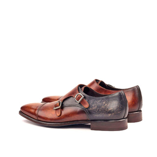 Ambrogio 2493 Men's Shoes Gray & Cognac Patina Leather Monk-Straps Loafers (AMB1190)-AmbrogioShoes