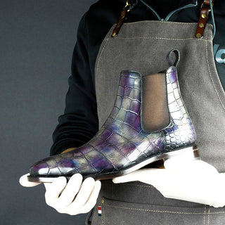 Ambrogio Men's Handmade Custom Made Shoes Gray & Purple Crocodile Print / Alexandria Patina Leather Chelsea Boots (AMB1640)-AmbrogioShoes