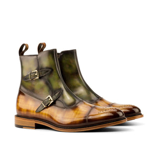 Ambrogio 3887 Men's Shoes Green & Cognac Patina Leather Octavian Buckle Boots (AMB1181)-AmbrogioShoes