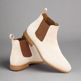 Ambrogio Men's Handmade Custom Made Shoes Ivory Beige Suede Leather Chelsea Boots (AMB1040)-AmbrogioShoes