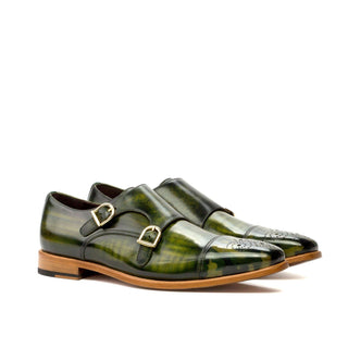 Ambrogio 3615 Men's Shoes Khaki Green Suede / Patina Leather Monk-Straps Loafers (AMB1142)-AmbrogioShoes