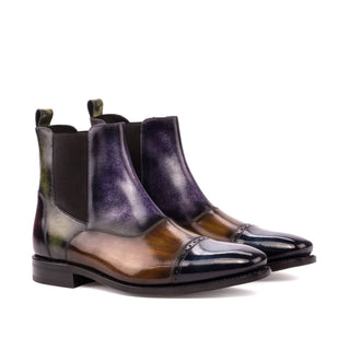 Ambrogio Men's Handmade Custom Made Shoes Multi-Color Crust Patina Leather Cap-Toe Chelsea Boots (AMB1028)-AmbrogioShoes